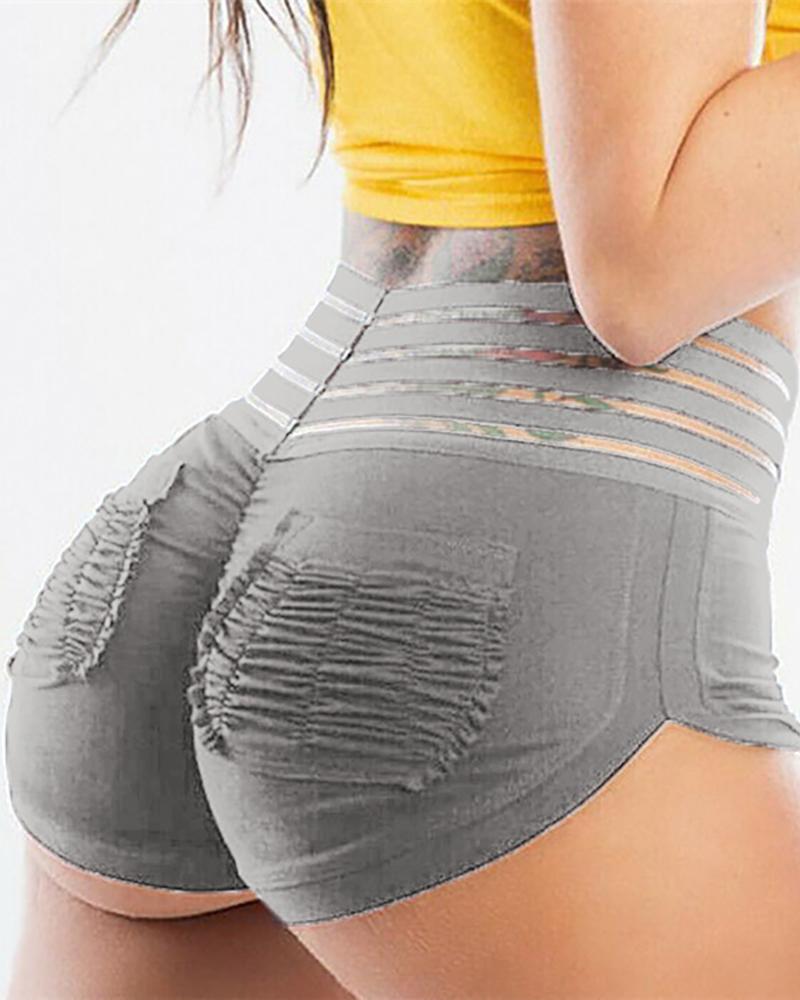 

High Waist Striped Tape Ruched Sporty Shorts, Gray