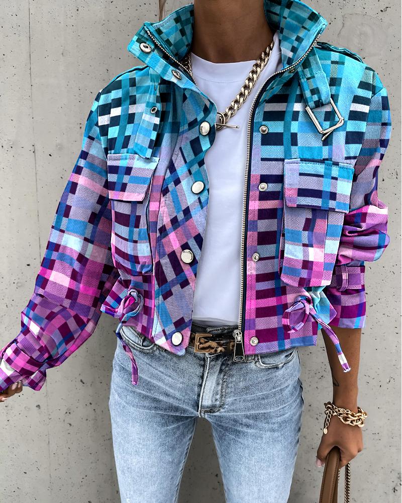 

Plaid Print Long Sleeve Zip Up Biker Jacket, Multicolor