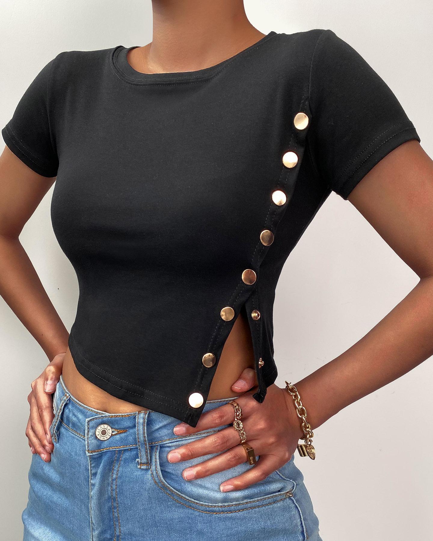 

Button Decor Short Sleeve T-shirt, Black
