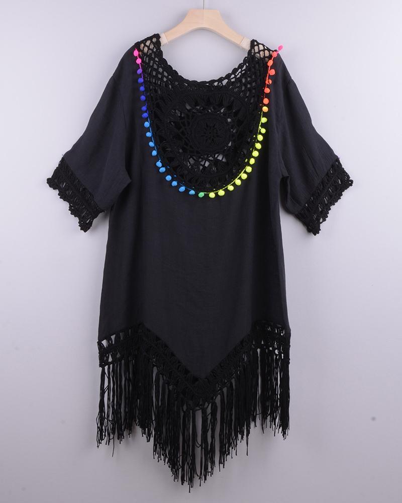 

Colorful Pom Pom Tassel Design Cutout Cover Up Dress, Black
