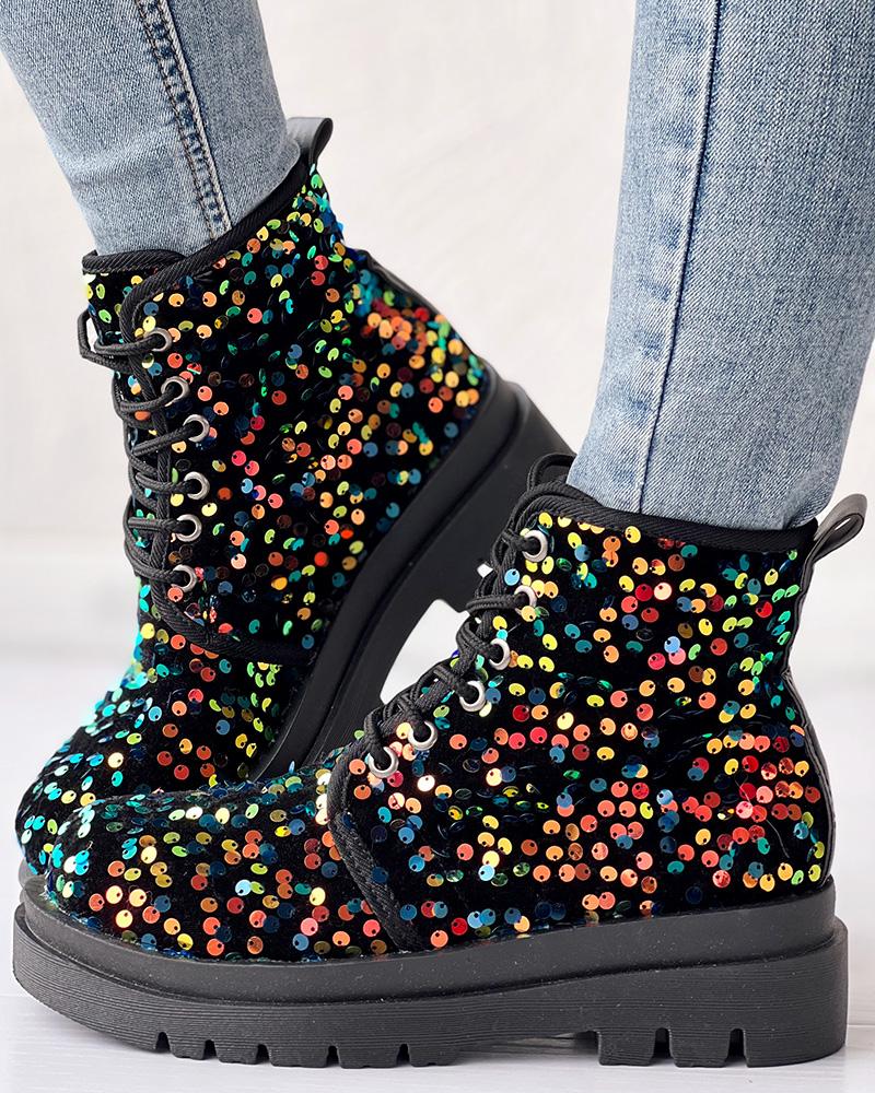 

Colorful Allover Sequin Lace-up Ankle Boots, Multicolor