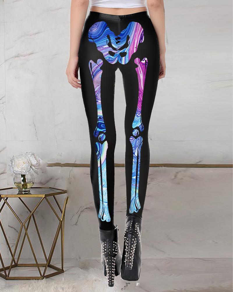 

Halloween Skeleton Print High Waist Leggings, Black