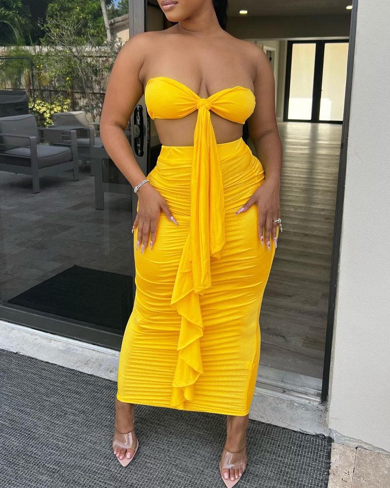 

Tied Detail Crop Tube Top & Ruched Skirt Set, Yellow