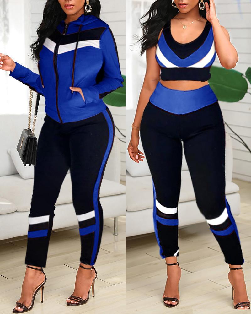 

Striped Print Crop Top & High Waist Pants & Hooded Coat Set, Blue