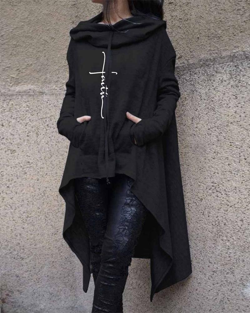 

Letter Print Dip Hem Long Sleeve Hoodie, Black