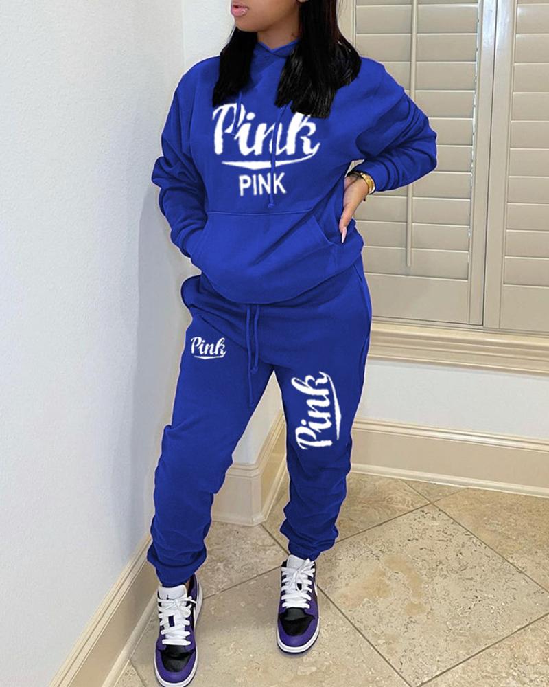 

Letter Print Pocket Design Hooded Top & Pants Set, Dark blue