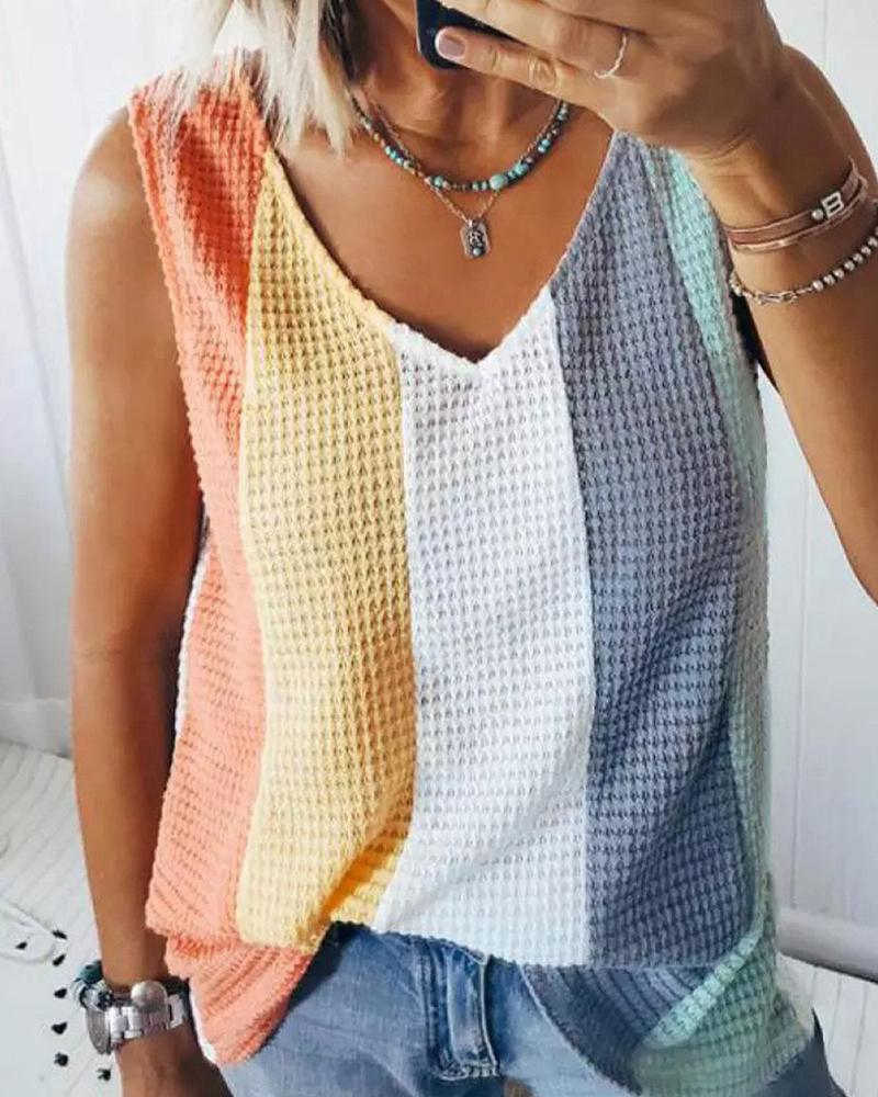 

Colorblock Striped Print Waffle Knit Tank Top, Multicolor