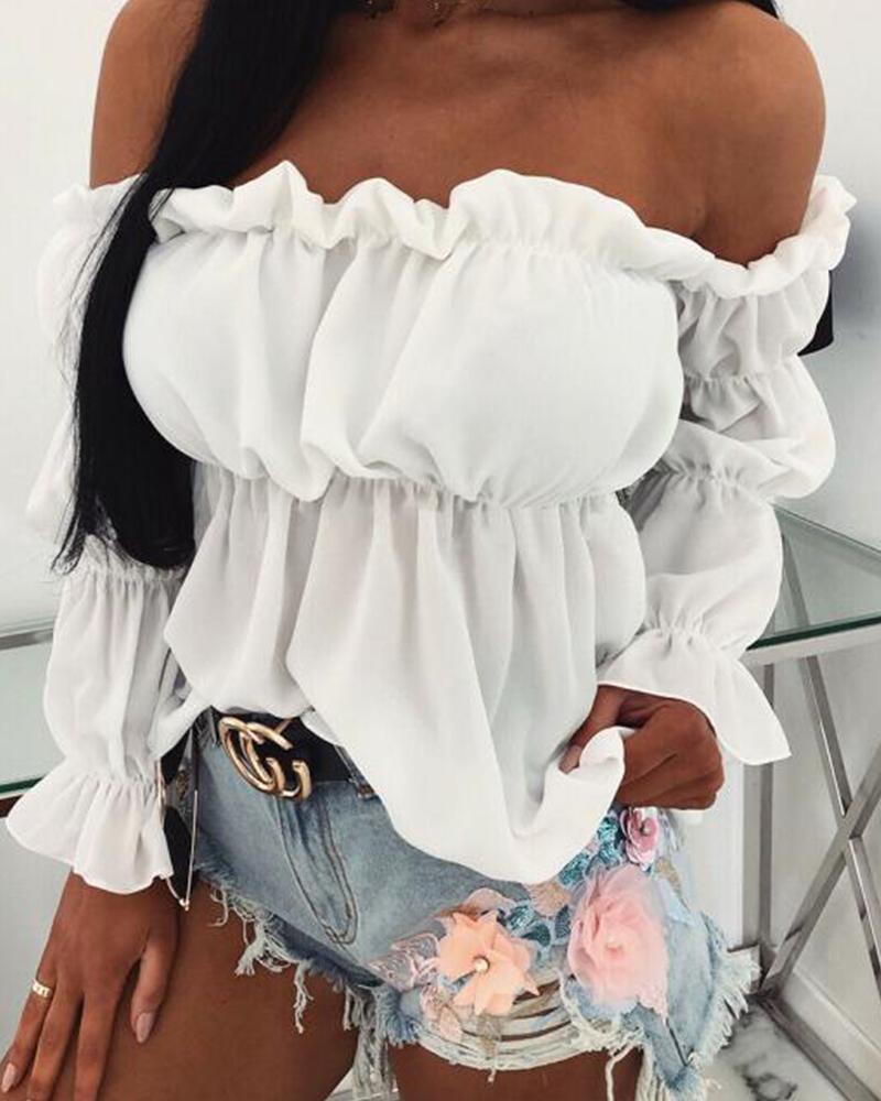 

Off Shoulder Frill Hem Bell Sleeve Top, White