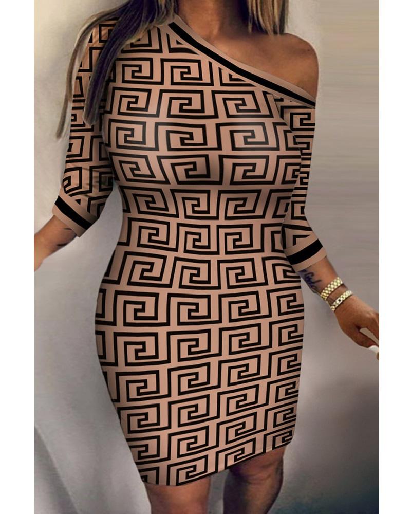 

Plus Size Geometric Print Long Sleeve Bodycon Dress, Khaki
