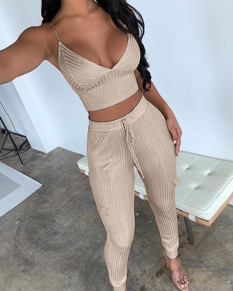 

Ribbed Crop Top & Drawstring Pants Set, Champagne