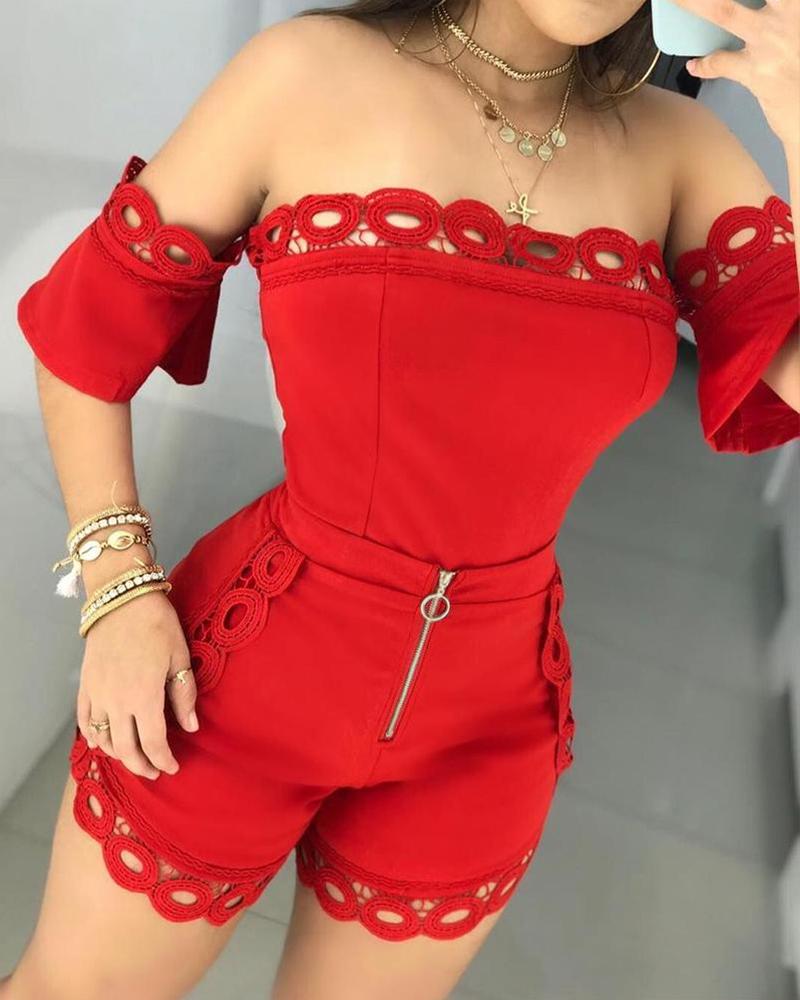 

Off Shoulder Hollow Out Lace Detail Top & Sets, Red