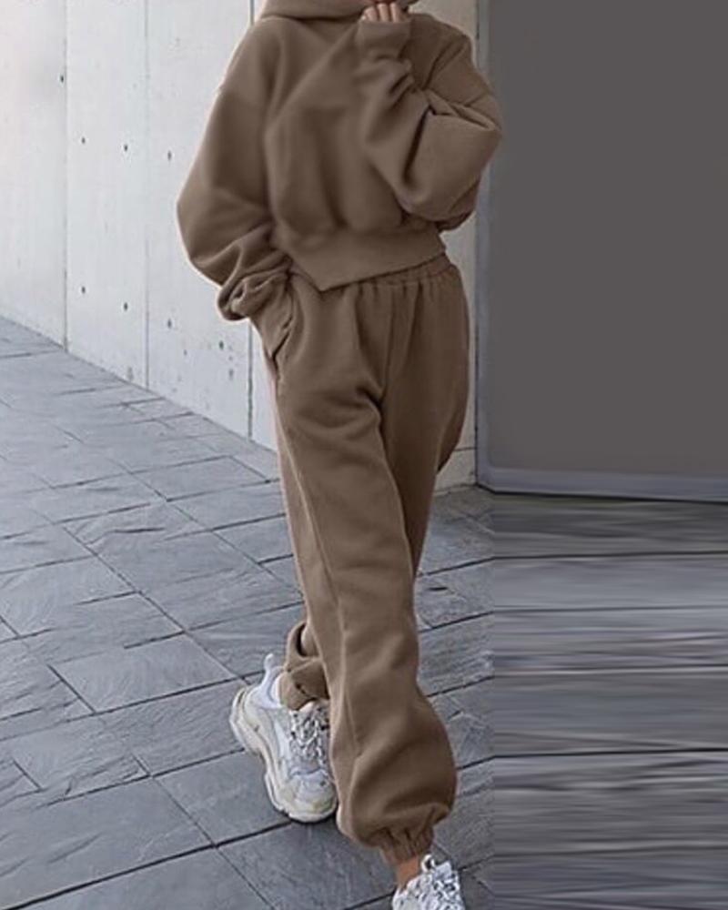 

Plain Pocket Design Long Sleeve Hoodie & High Waist Pants Set, Khaki