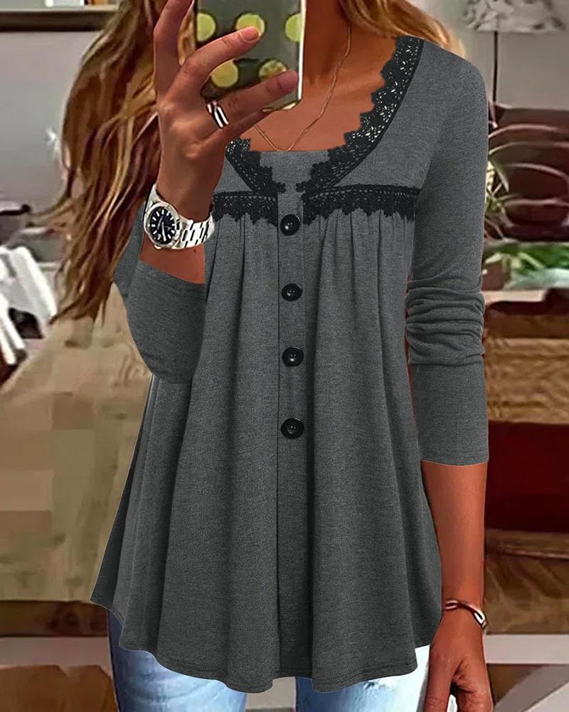 

Contrast Lace Button Decor Long Sleeve Top, Gray