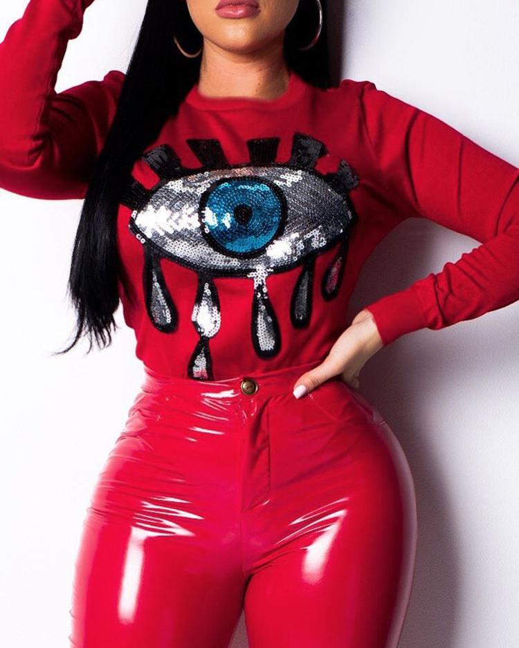 

Contrast Eye Sequin Long Sleeve T-Shirt, Red