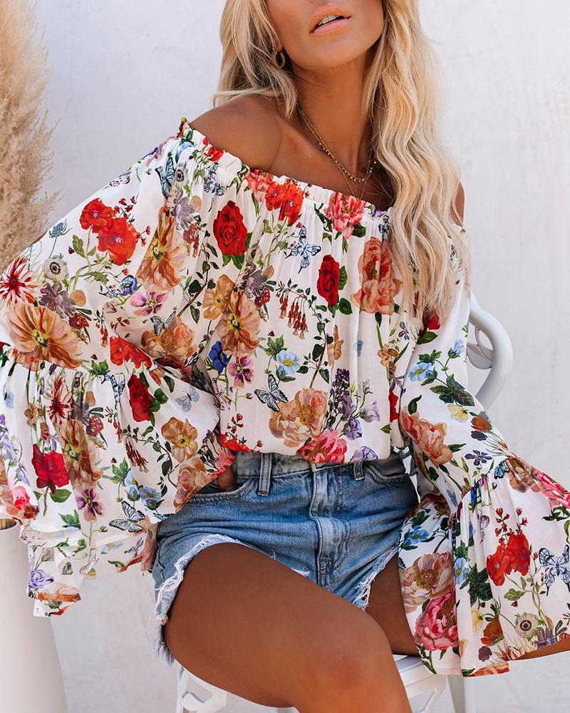 

Bell Sleeve Floral Print Off Shoulder Blouse, White