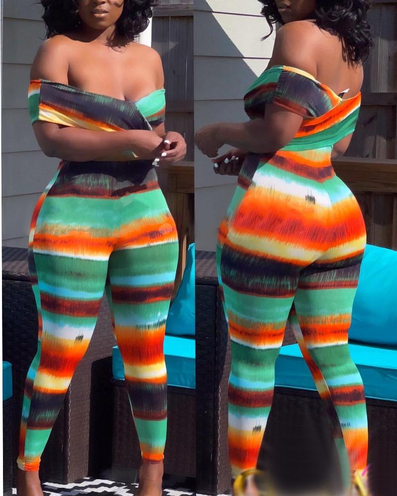 

Tie Dye Print Crisscross Off Shoulder Jumpsuit, Green