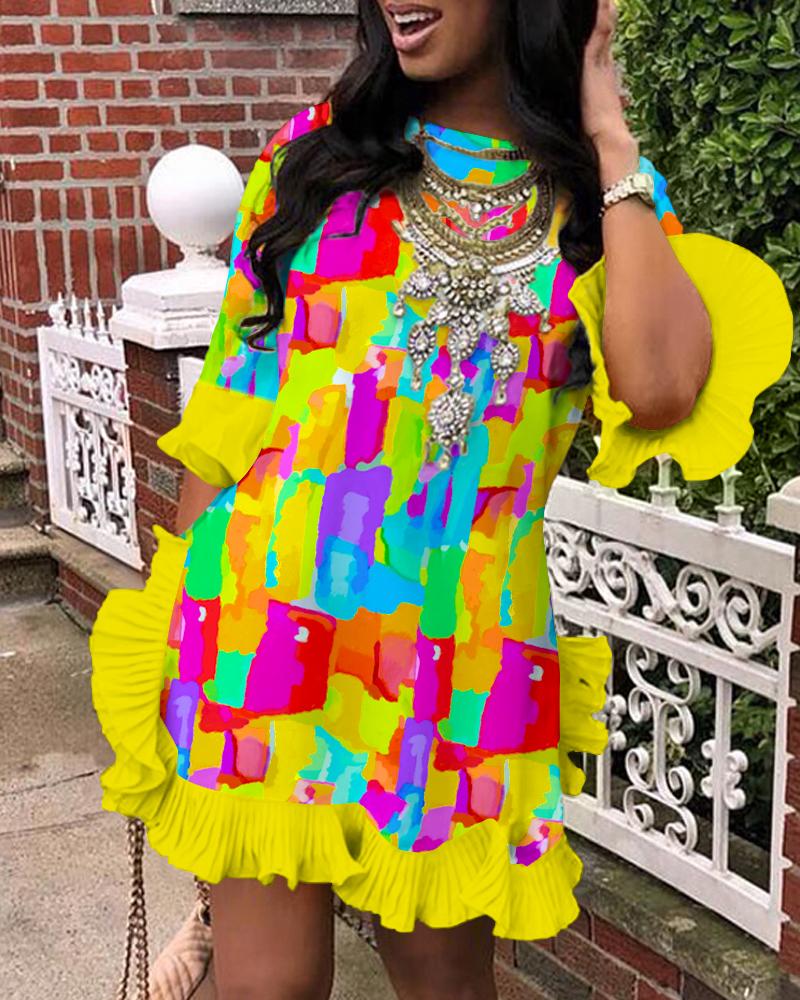 

Melting Colors All Over Print Ruffles Bell Sleeve Dress, Multicolor