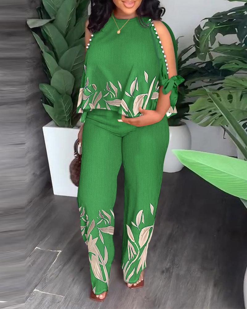 

Plus Size Plants Print Split Sleeve Top & Straight Leg Pants Set, Green