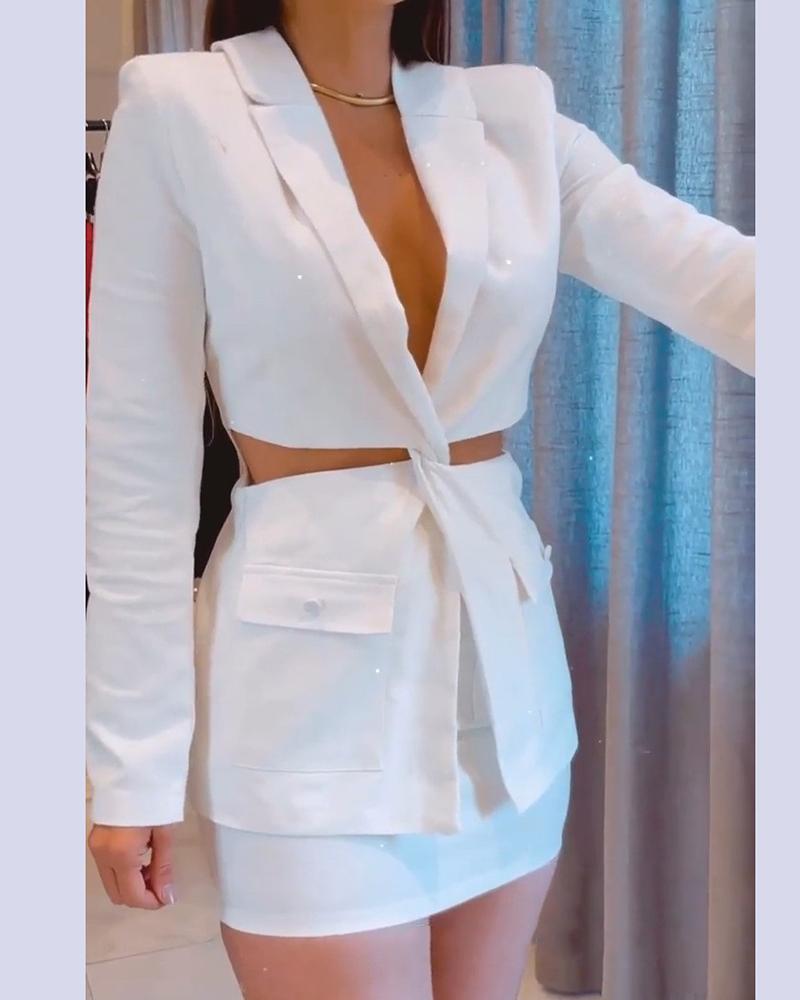 

Twisted Cutout Button Decor Blazer Coat & Skirt Set, White