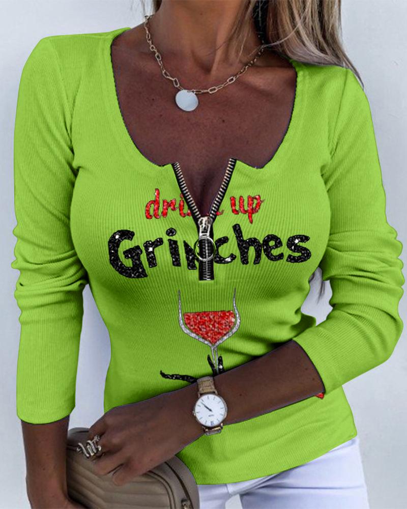 

Christmas Grinch Wine Glass Print Long Sleeve Ribbed Top, Green