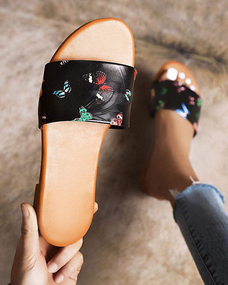 

Butterfly Print Round-toe Open-toe Flat Sandals, Black