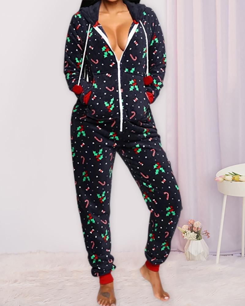 

Christmas Print Long Sleeve Zipper Design Jumpsuit, Dark blue