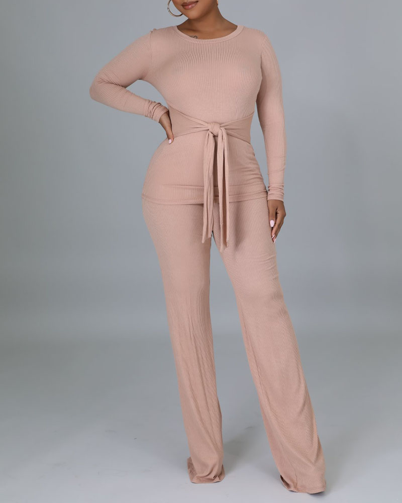 

Ribbed Long Sleeve Tie Front Top & Bootcut Pants Set, Pink