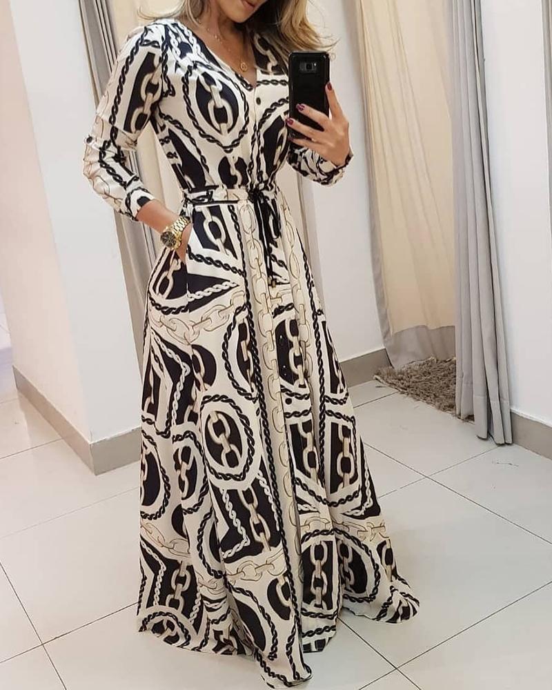 

Chain Print Casual Maxi Dress, Beige