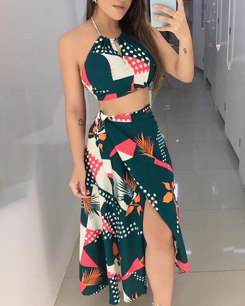

Mixed Print Halter Crop Top & Slit Skirt Sets, Dark green