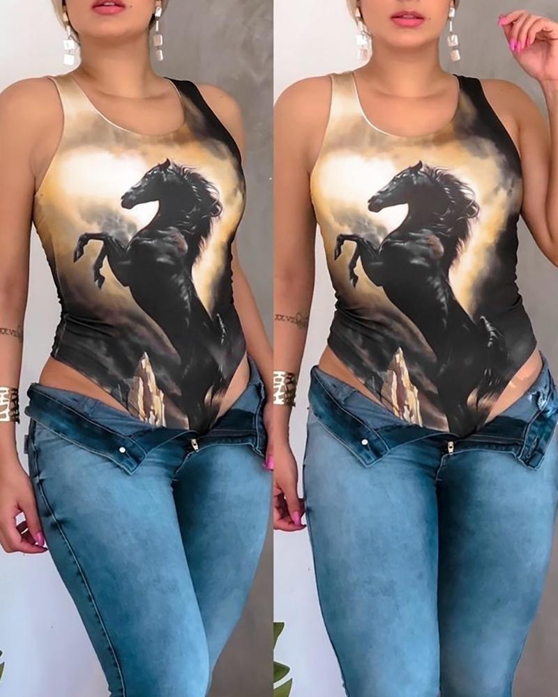 

Horse Print U-Neck Bodysuit, Apricot