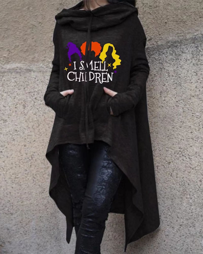 

Halloween Letter Print Dip Hem Hooded Sweatshirt, Black
