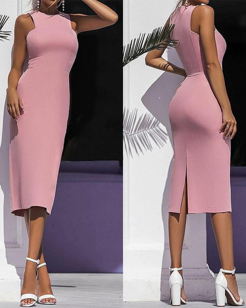 

Solid Sleeveless Slim Midi Dress, Pink