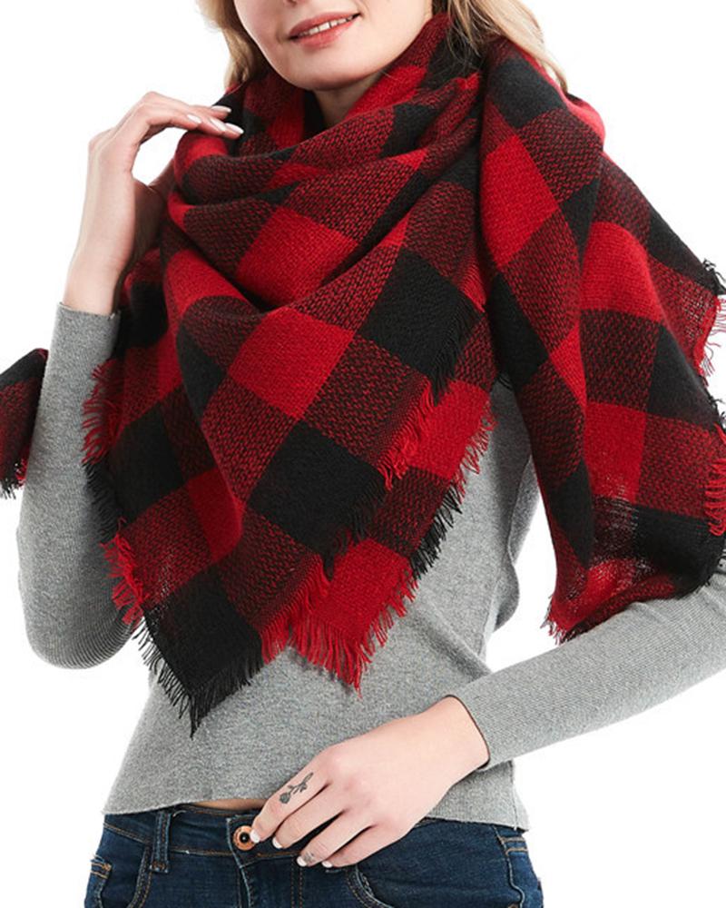 

Women's Big Oversized Long Plaid Blanket Tassel Warp Shawl Fashion Winter Warm Scarf, Red