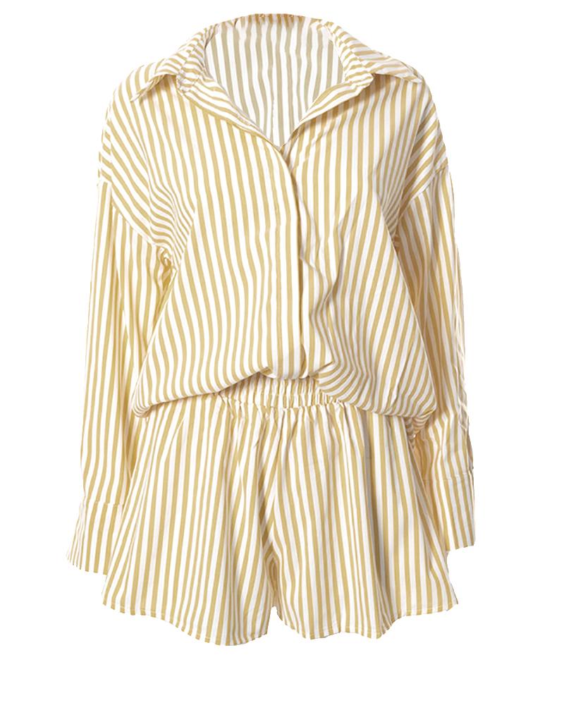 

Striped Button Design Top & High Waist Shorts Set, Beige