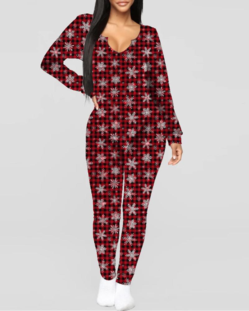 

Christmas Plaid Print Long Sleeve Skinny Jumpsuit, Style1