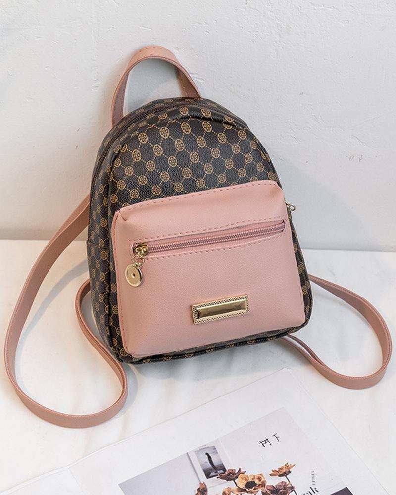 

Geometric Print Zipper Design Backpack, Pink