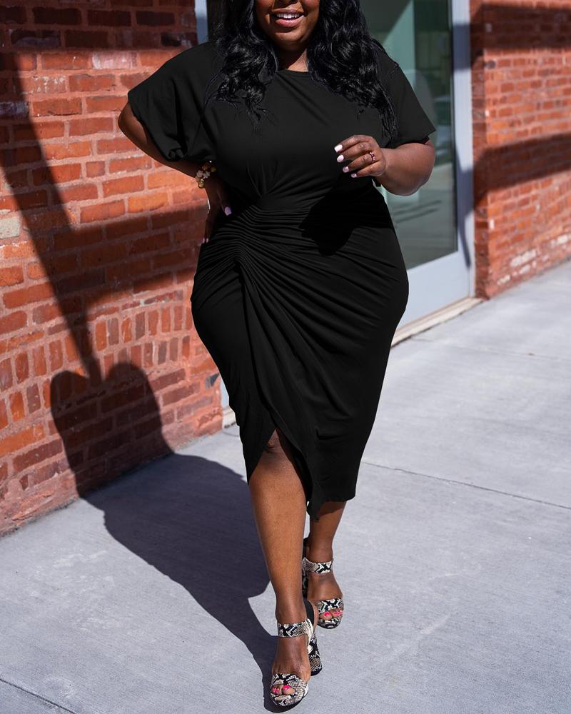 

Plus Size Short Sleeve Ruched Slit Casual Dress, Black