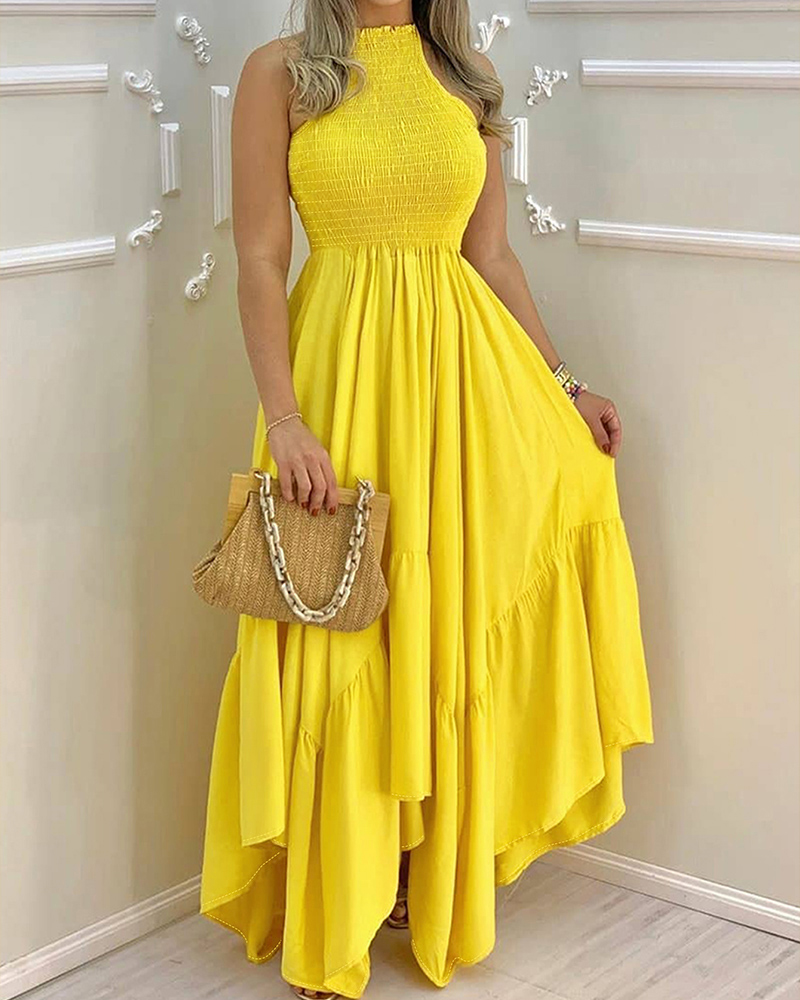 

Shirred Frill Hem Sleeveless Ruched Maxi Dress, Yellow