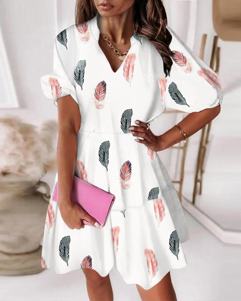 

Feather Print V-Neck Casual Dress, White