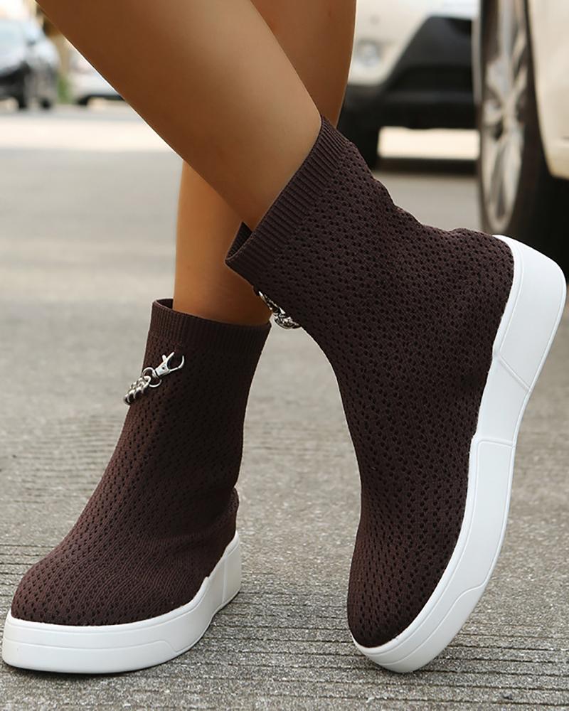 

Chain Decor Knit Casual Boots, Wine red