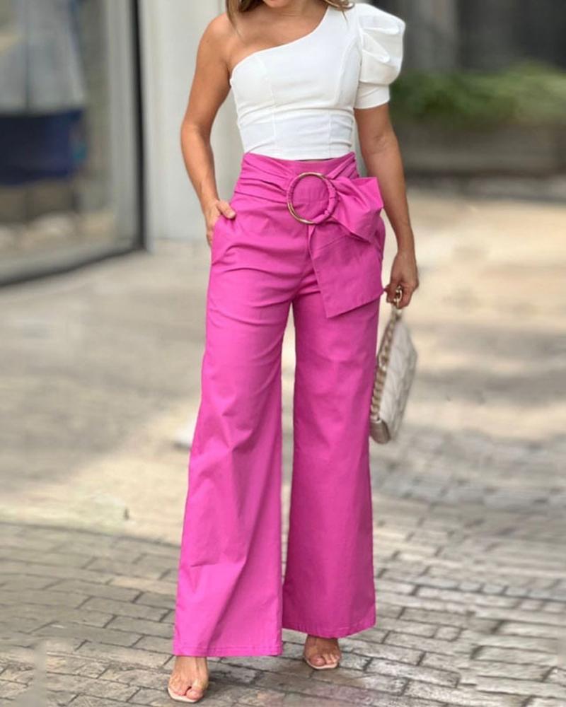 

Puff Sleeve Top & Wide Leg Pants Set, Pink