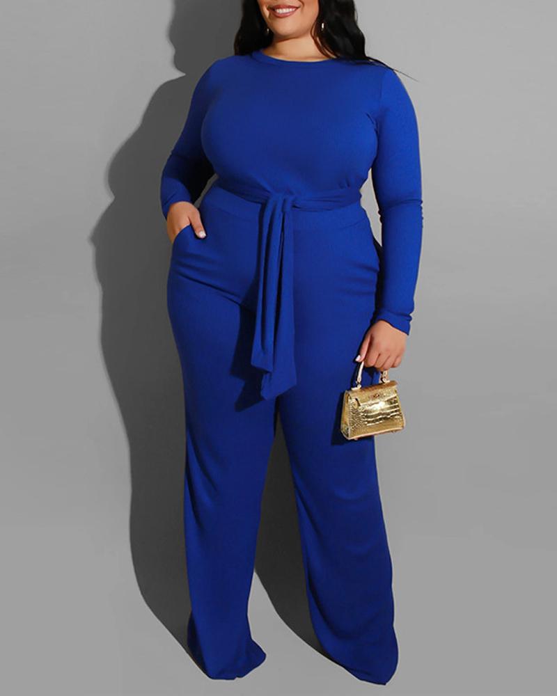 

Plus Size Long Sleeve Tie Front Top & Pants Set, Blue