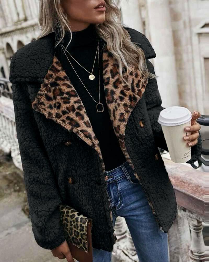 

Casaco de pelúcia com estampa de leopardo contrastante e jaqueta térmica de lã trespassada, Black