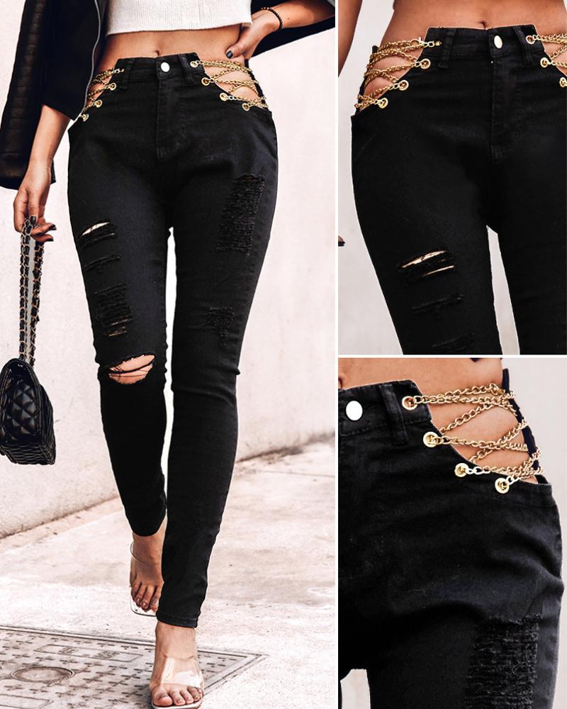 

Chain Eyelet Decor Cutout Skinny Pants, Black