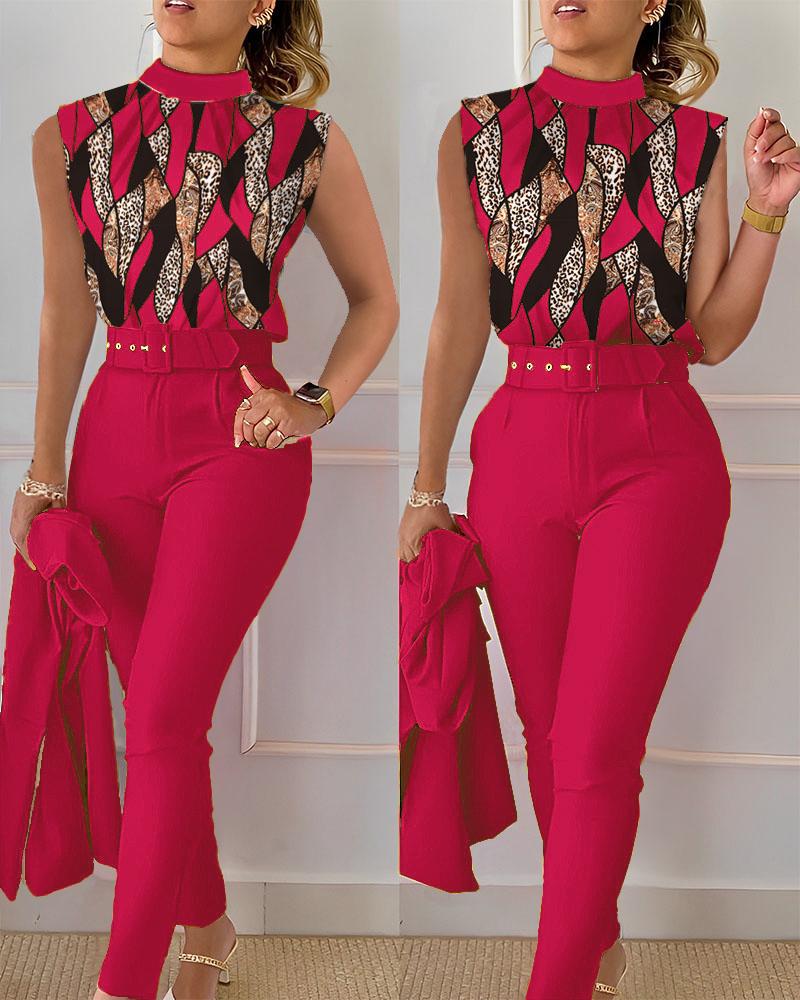 

Baroque Leopard Print Top & High Waist Pants Set, Red