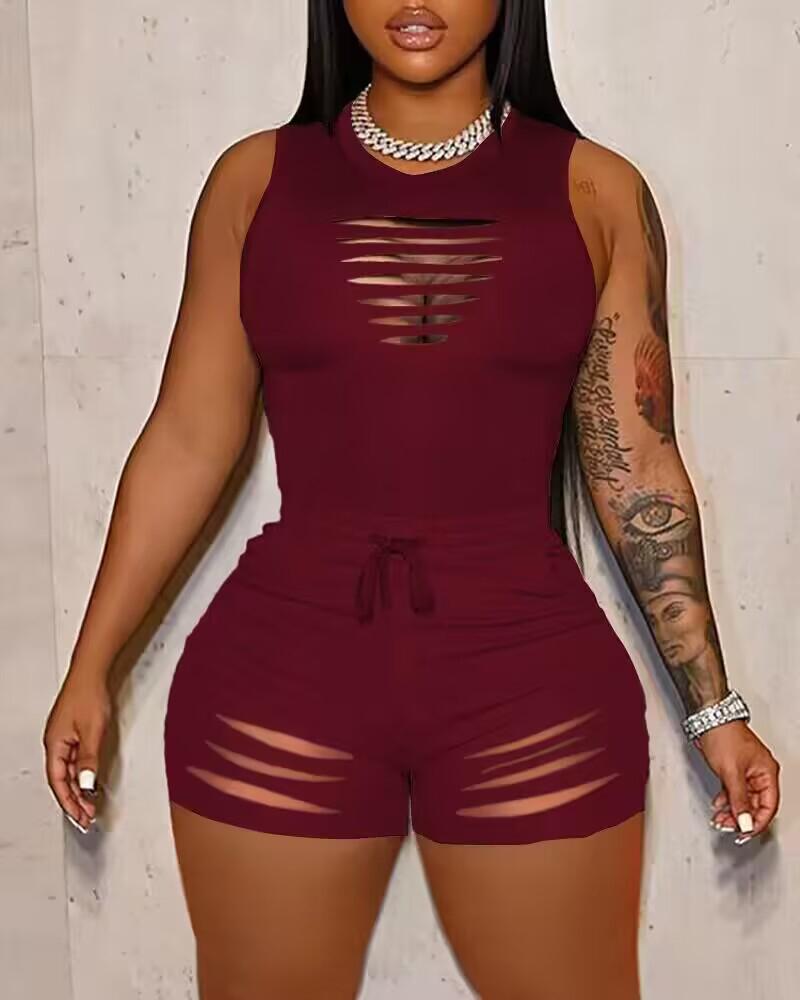 

Ladder Cutout Tank Top & Drawstring Shorts Set, Wine red