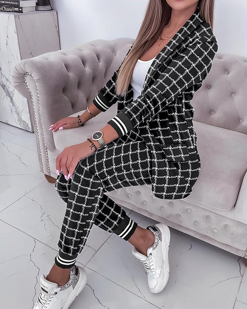 

Plaid Print Shawl Neck Coat & Cuffed Pants Set, Black