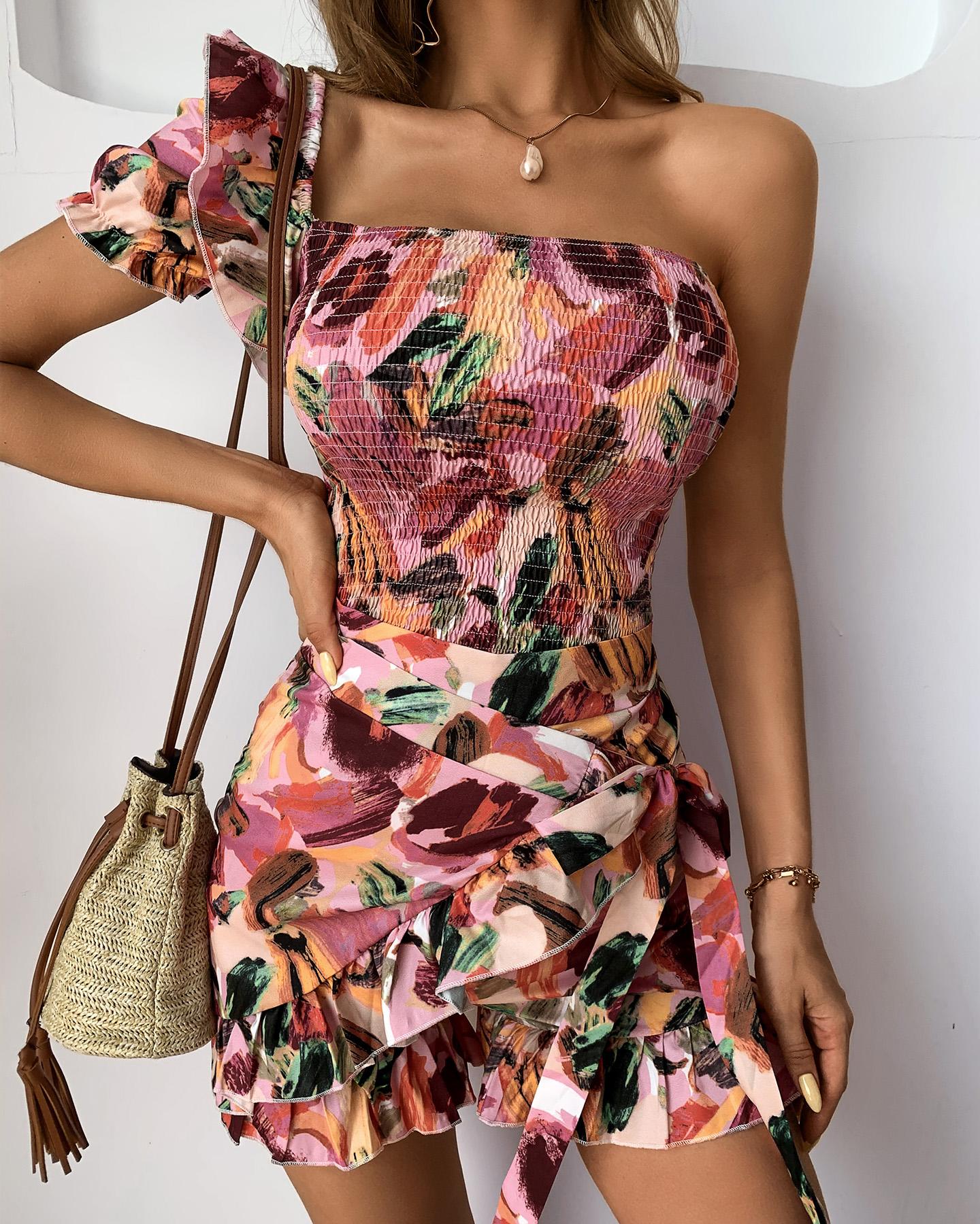 

Floral One Shoulder Shirring Top & Wrap Skorts, Multicolor