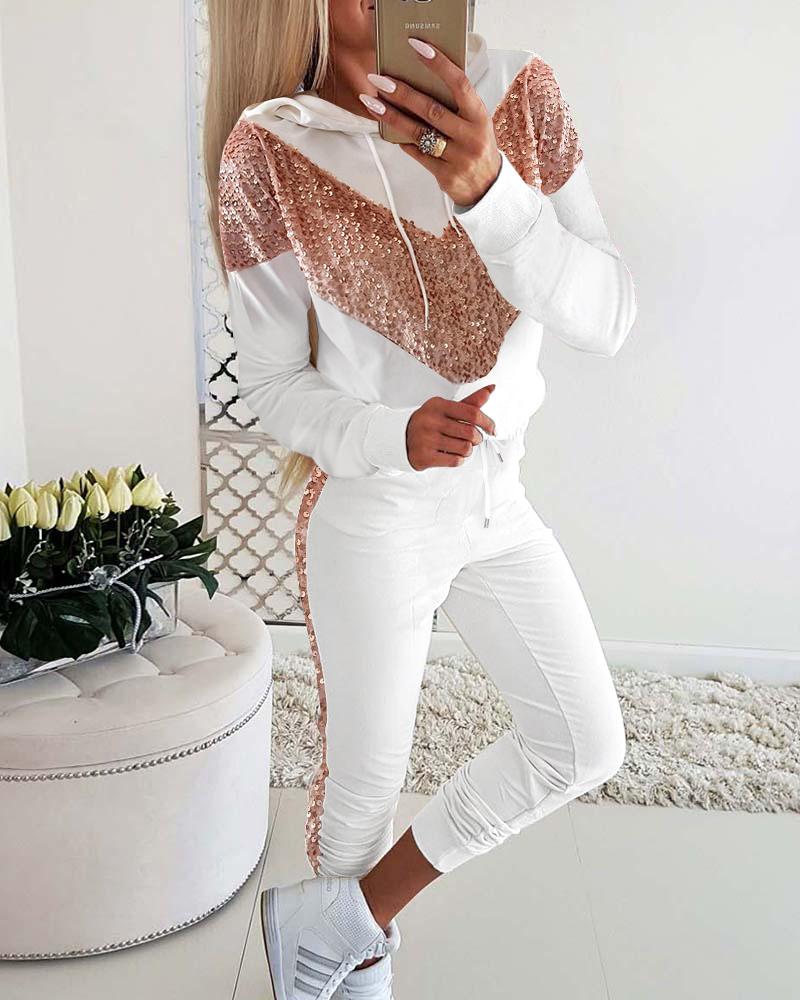 

Colorblock Contrast Sequin Drawstring Hooded Top & Pants Set, White