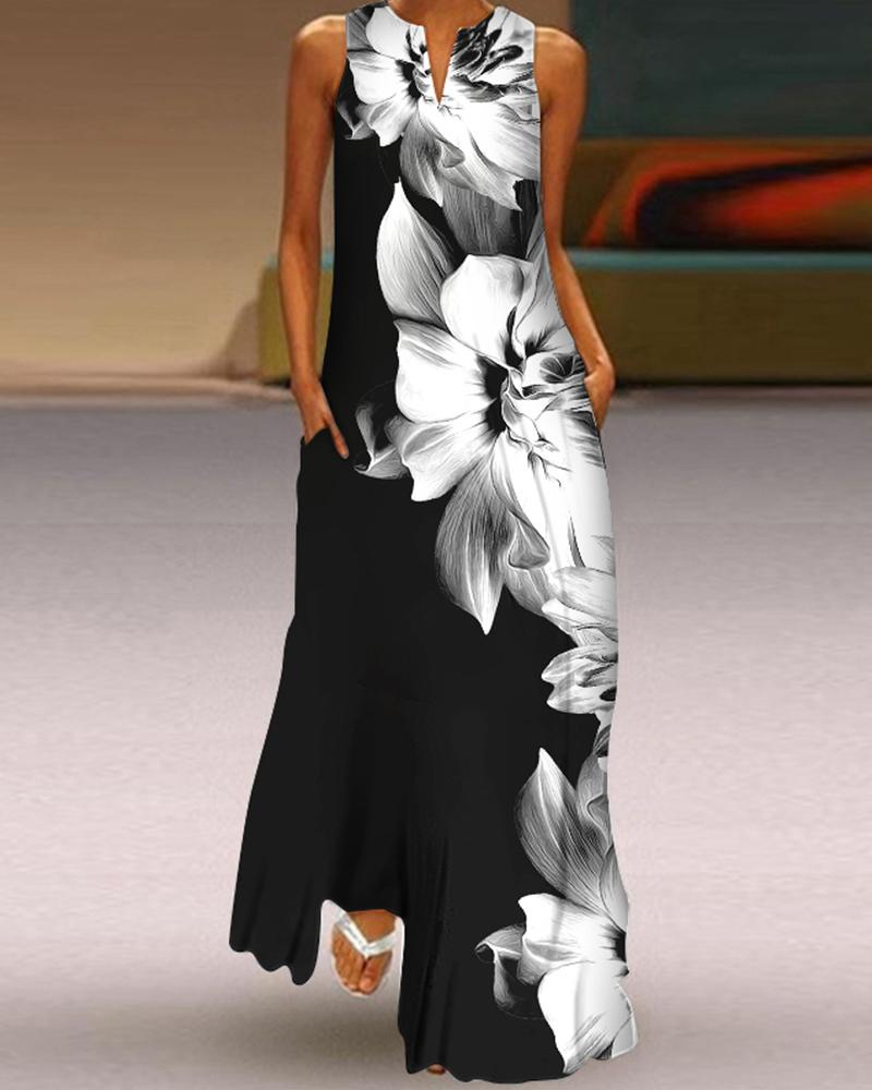 

Floral Print Colorblock Sleeveless Maxi Dress, Blackwhite